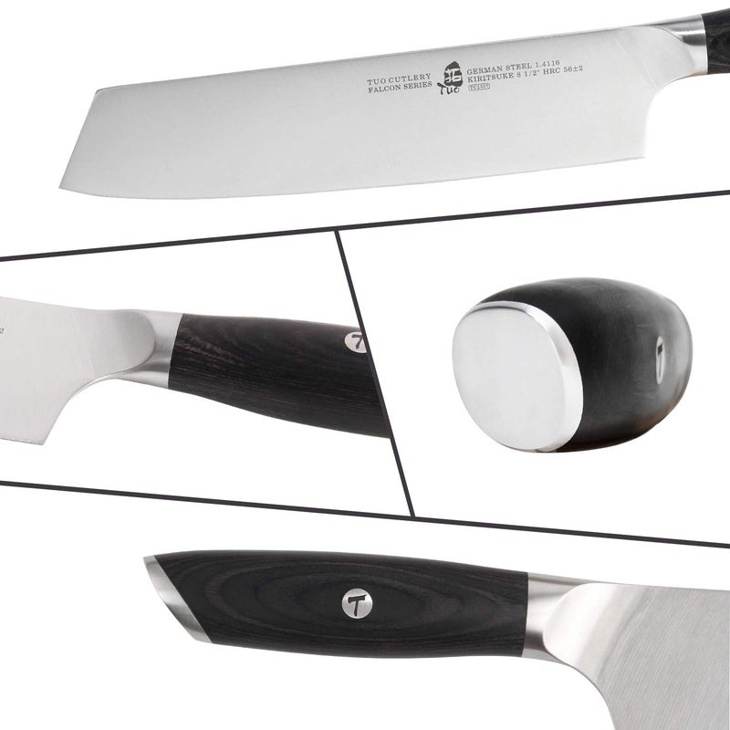 TUO سكين الطهاة TUO كيريتسوك - 8.5 بوصة سكين كيريتسوك ياباني - فولاذ HC ألماني مع مقبض باكاوود - سلسلة فالكون مع علبة هدايا، أسود - Image 4